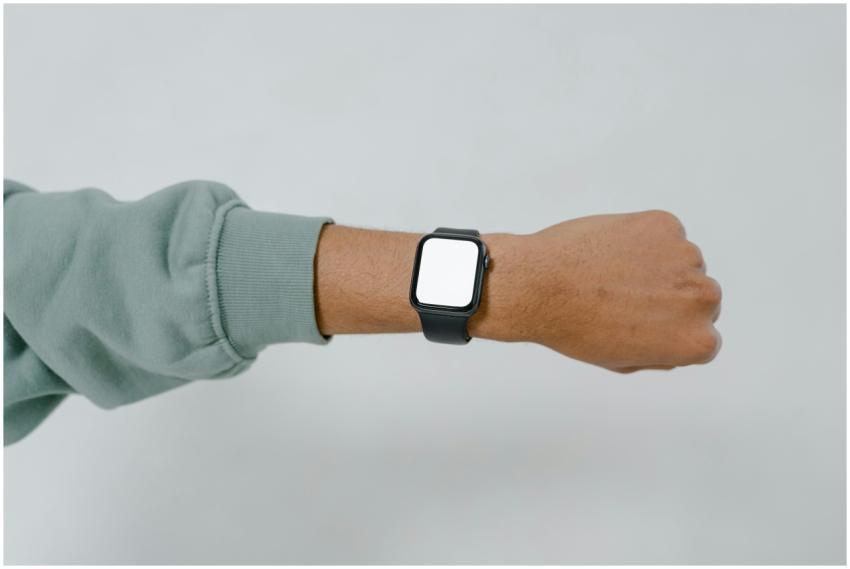 A close-up view of a smartwatch with blank screen