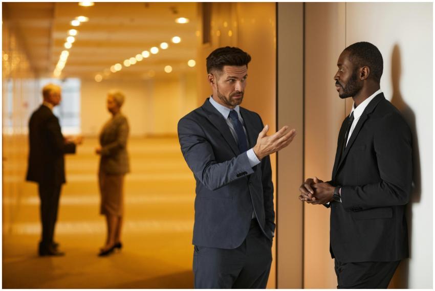 Two businessmen in formal attire engaged in a seri