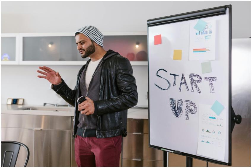 A bearded man presenting a startup business plan i