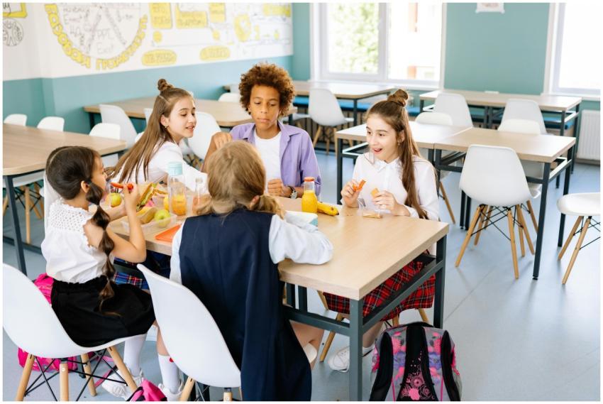 A diverse group of school children enjoying lunch