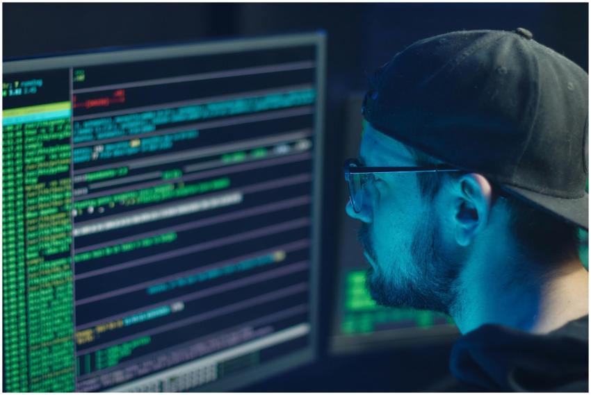 A cybersecurity expert inspecting lines of code on