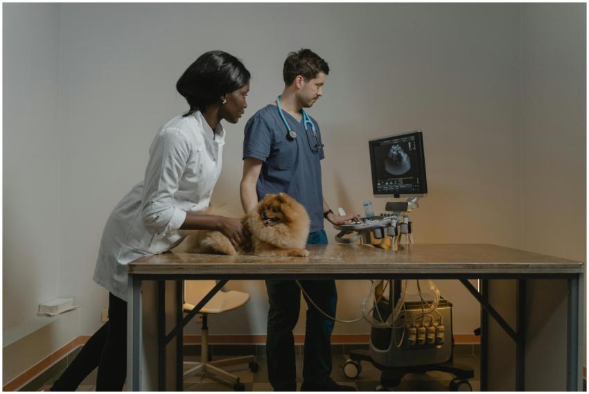 Two veterinarians conduct an ultrasound on a Pomer