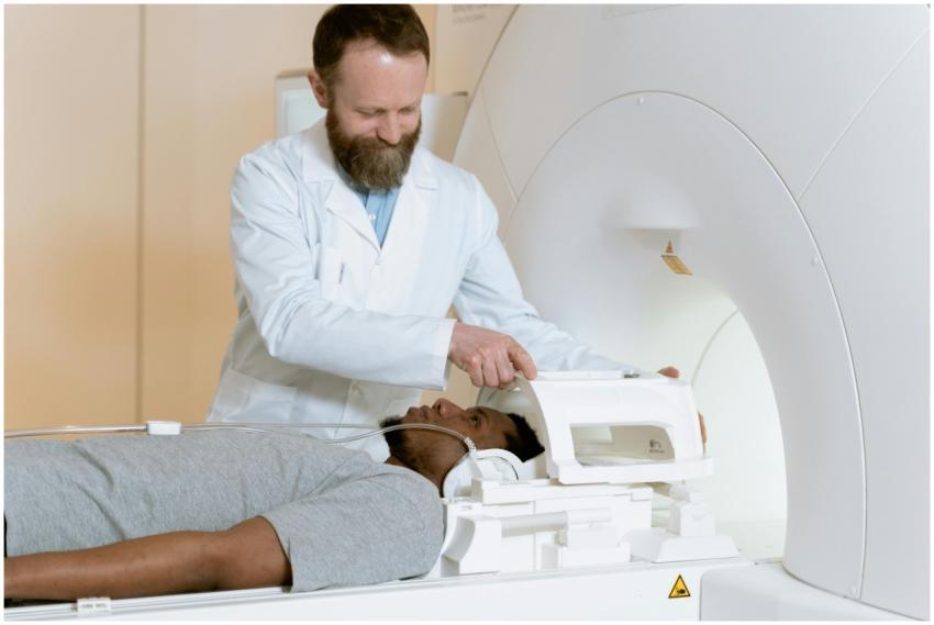 A medical professional assists a patient in an MRI