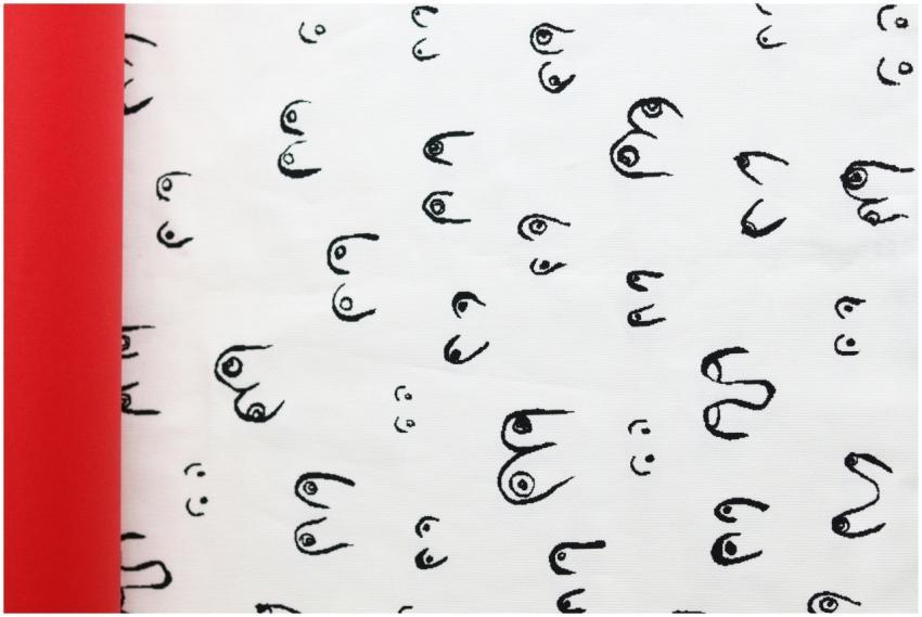 Black and white abstract feminine line art on fabr