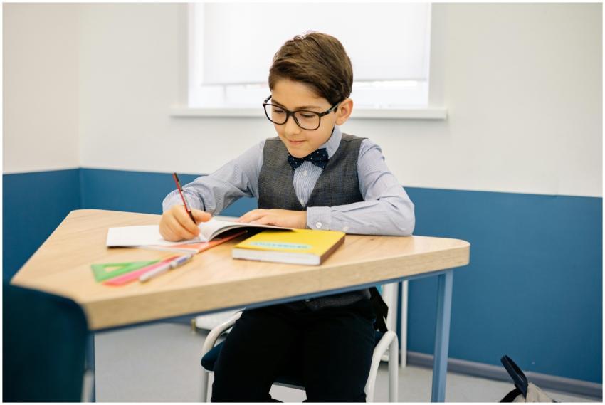 A young boy with glasses sits at a desk, writing i