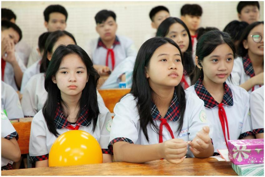 Group of attentive teenagers in school uniforms du