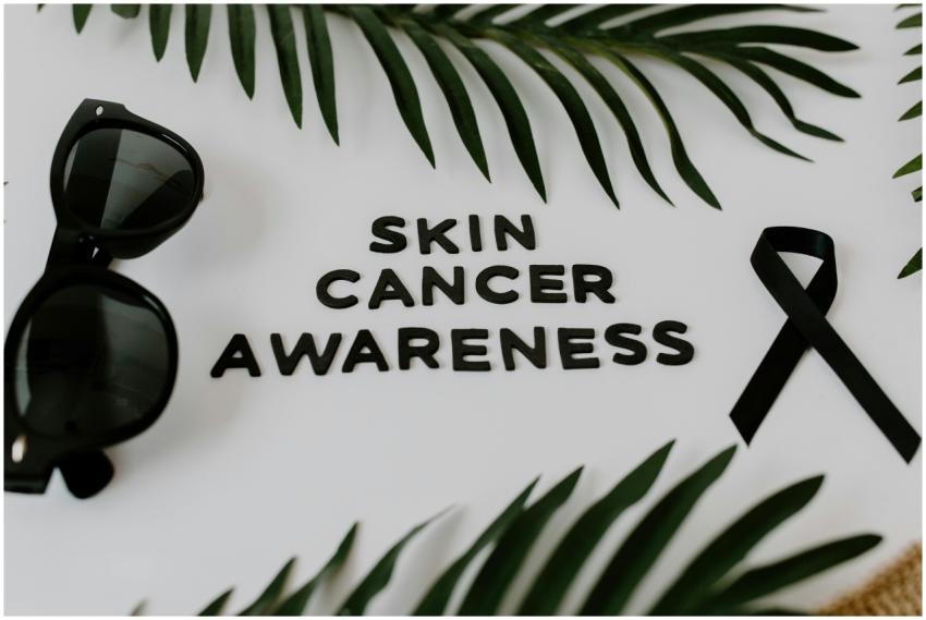 Flat lay of sunglasses, black ribbon, and palm lea