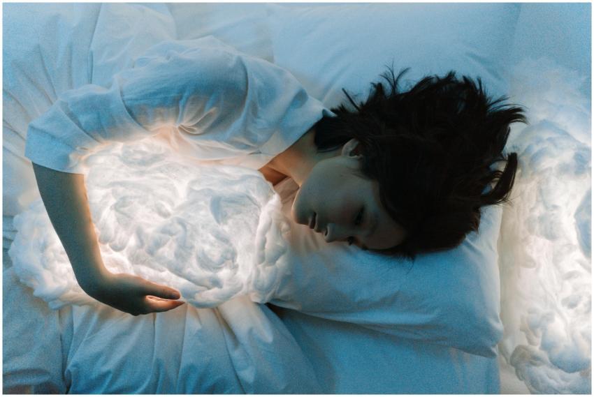 Woman in white long sleeves hugging a glowing pill