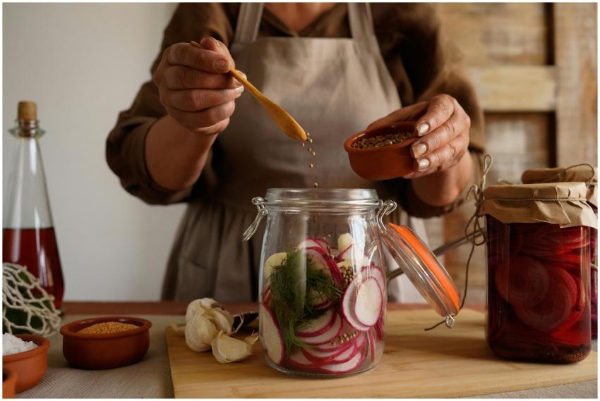 Hands preparing pickled vegetables in a jar, captu