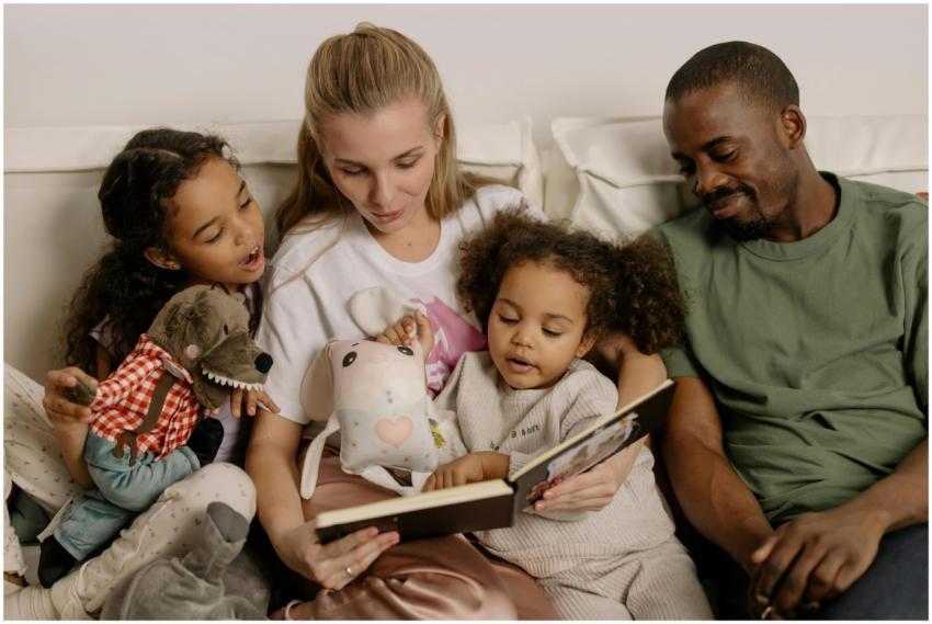 A diverse family enjoys reading a storybook togeth