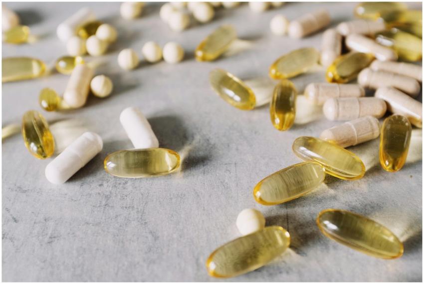 Close-up of assorted capsules and pills spread acr