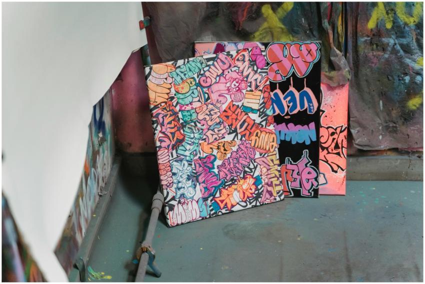 Colorful graffiti artwork displayed in an art stud