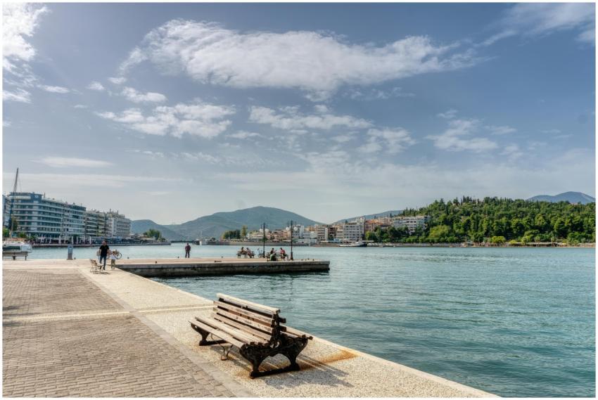 Scenic view of Chalkida's promenade with a bench a