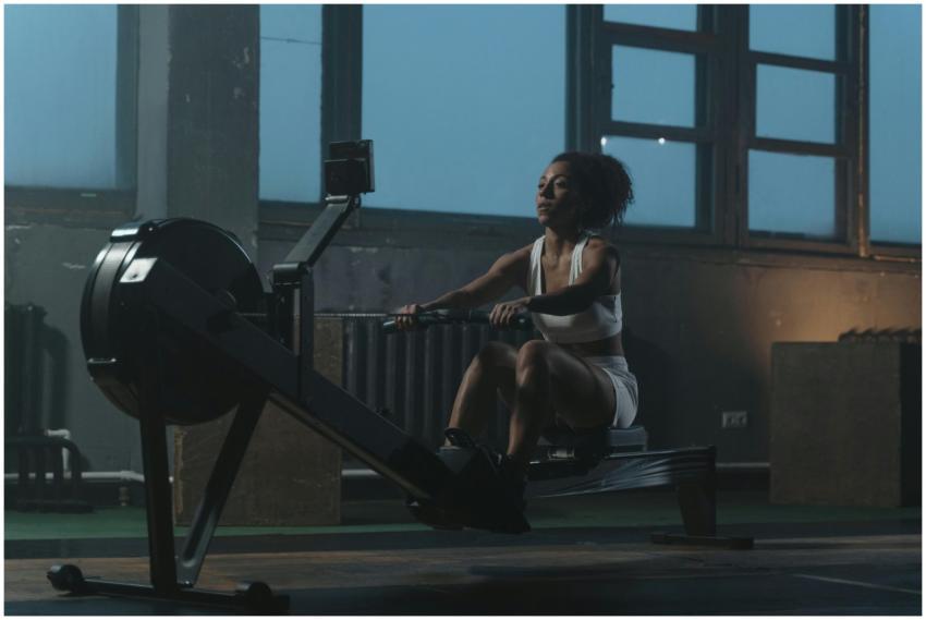 A woman working out on a rowing machine indoors, s