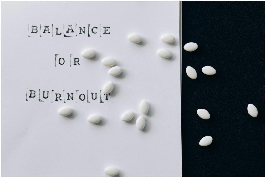 Conceptual image featuring 'Balance or Burnout' te