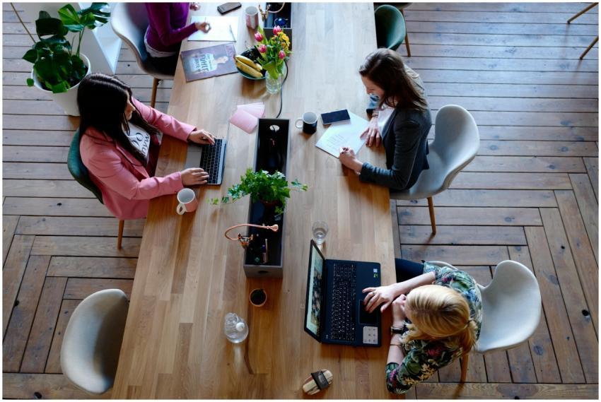 Overhead view of diverse women professionals worki