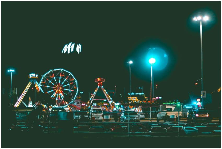 Vibrant nighttime scene of an illuminated amusemen