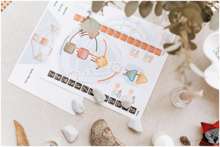 A serene setup of spiritual diagrams and crystals