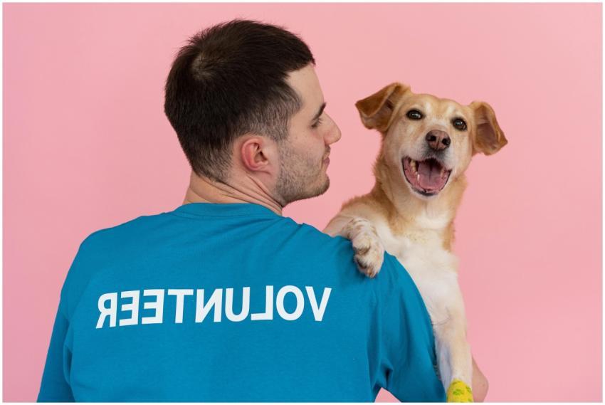 A volunteer holds a joyful dog, showcasing affecti