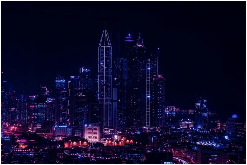 Stunning night cityscape showcasing towering skysc