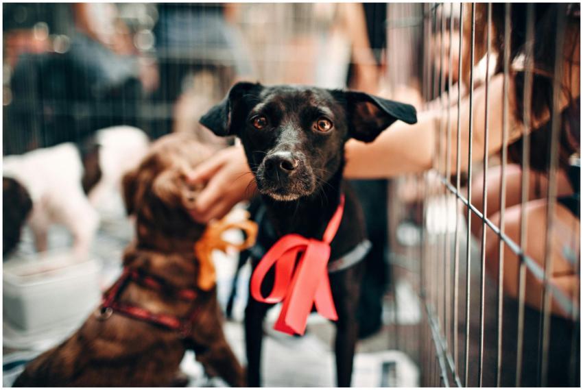 Cute black dog with red ribbon in animal shelter,