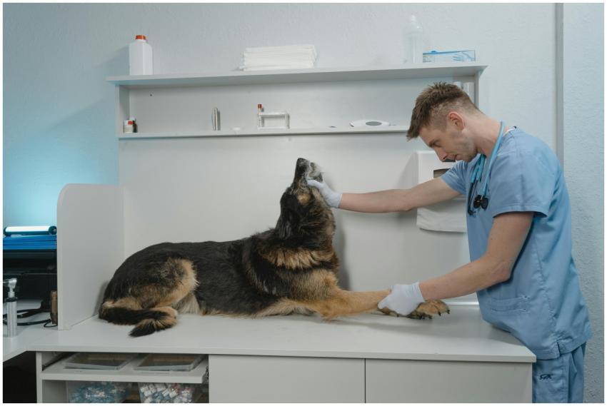 A veterinarian checks a German Shepherd dog in a s
