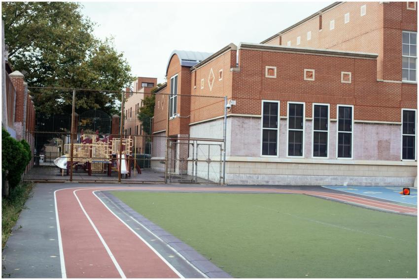 Empty urban schoolyard featuring a red brick build