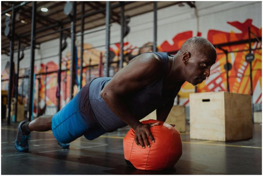 Man working out in gym, performing push-up on exer