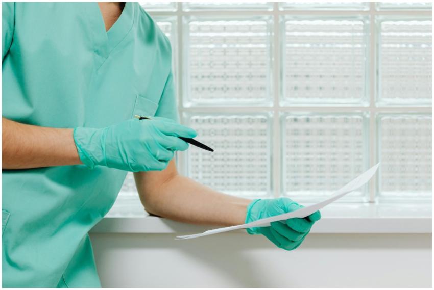 A healthcare worker in scrubs and gloves holding a