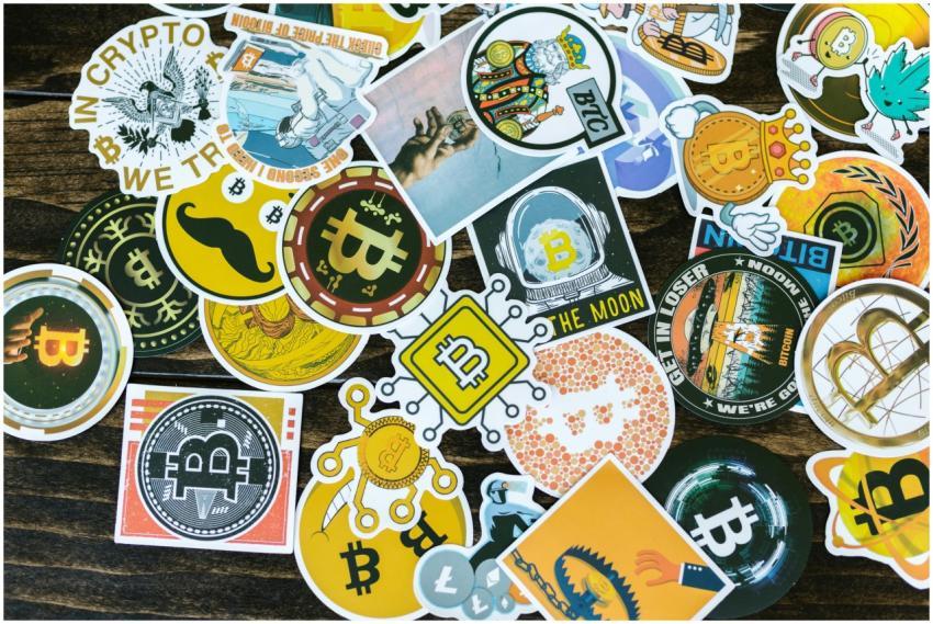 Colorful collection of Bitcoin-themed stickers on