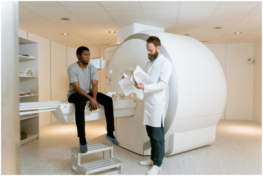 A doctor discusses MRI scan results with a patient