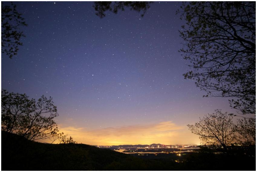 Beautiful starry night sky above a quiet city with