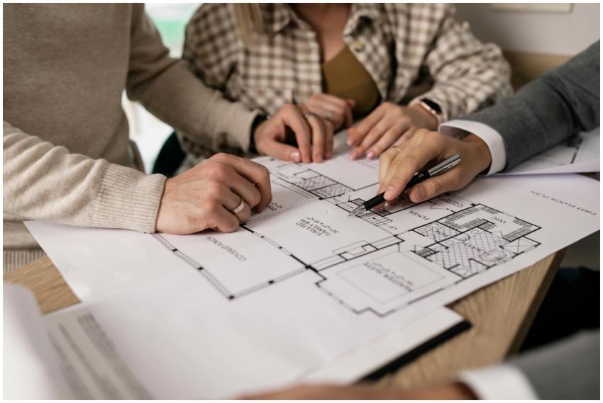 Group examining house floor plans with a real esta