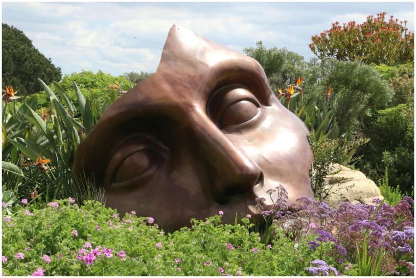 Bronze face sculpture nestled in a vibrant garden