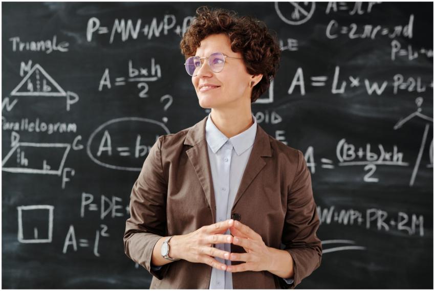 Smiling female teacher standing in front of a math