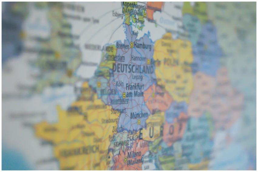 Close-up view of Germany on a colorful world map s