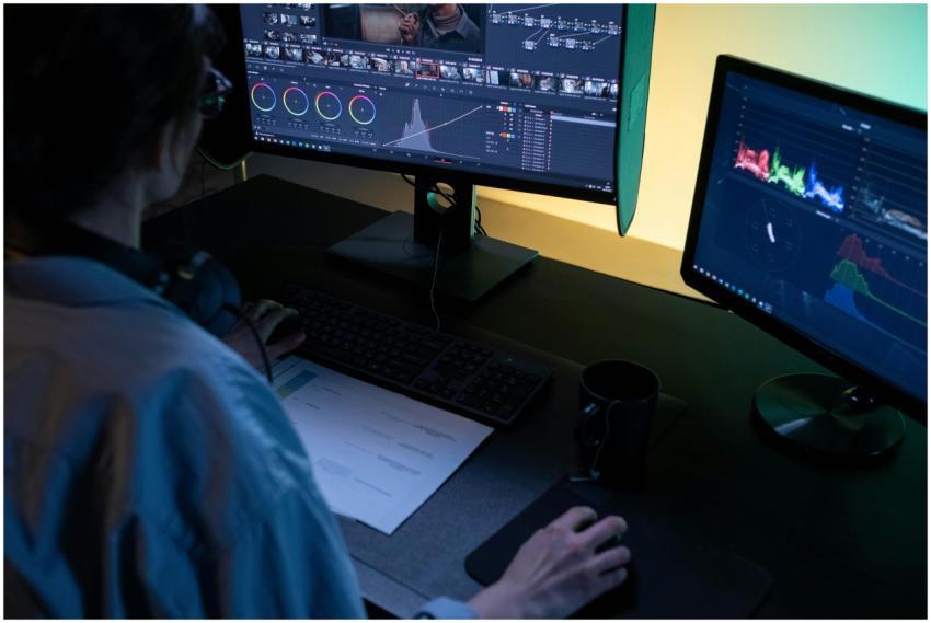 A video editor using dual monitors for editing foo