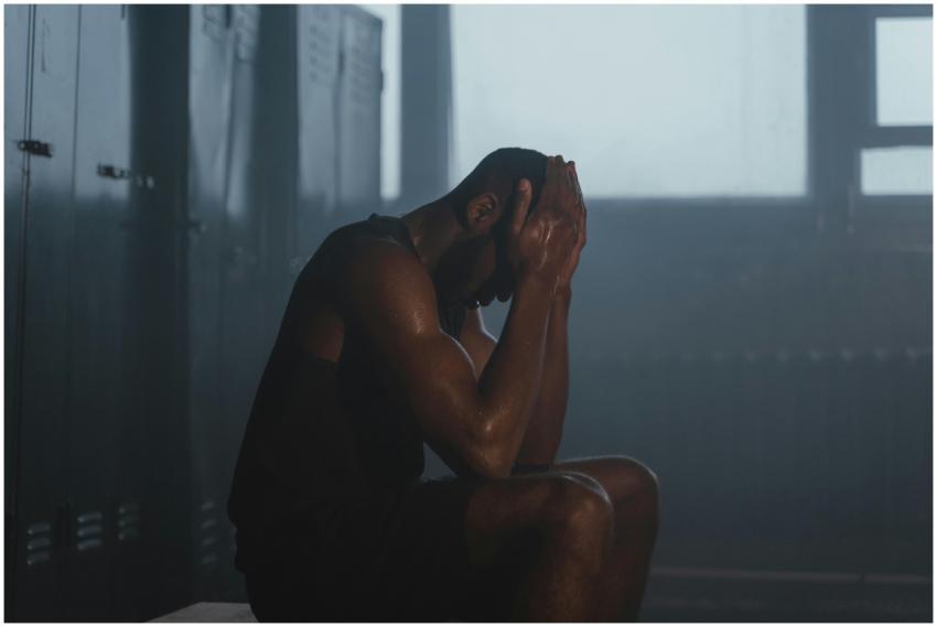 Sweaty man resting on bench in dimly lit locker ro