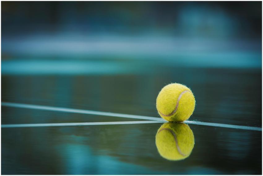 A tennis ball sits on a wet court with its reflect