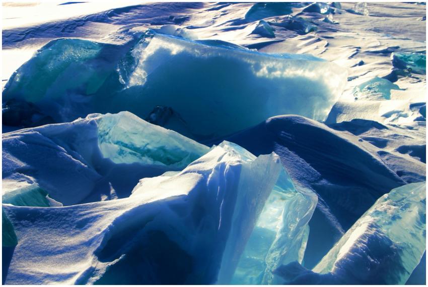 Close-up of icy, azure icebergs in a serene winter