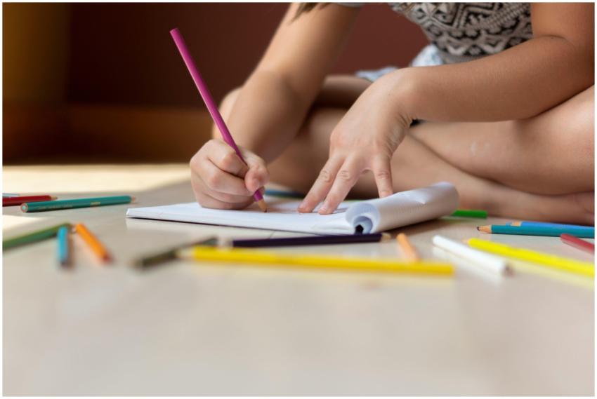 A child seated on the floor using colored pencils