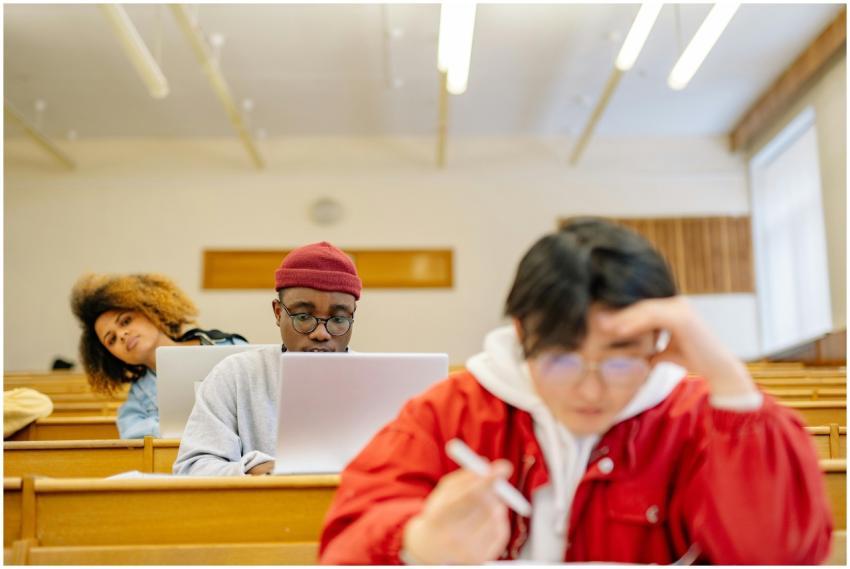 Diverse group of college students focused on study