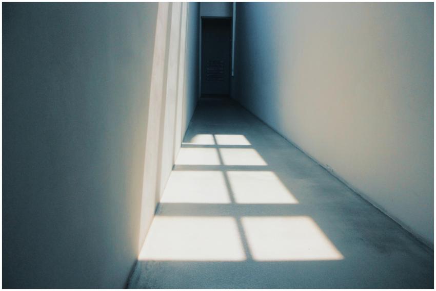 A minimalist hallway interior with sunlight castin
