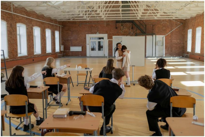 Teacher comforts a student in a classroom as other