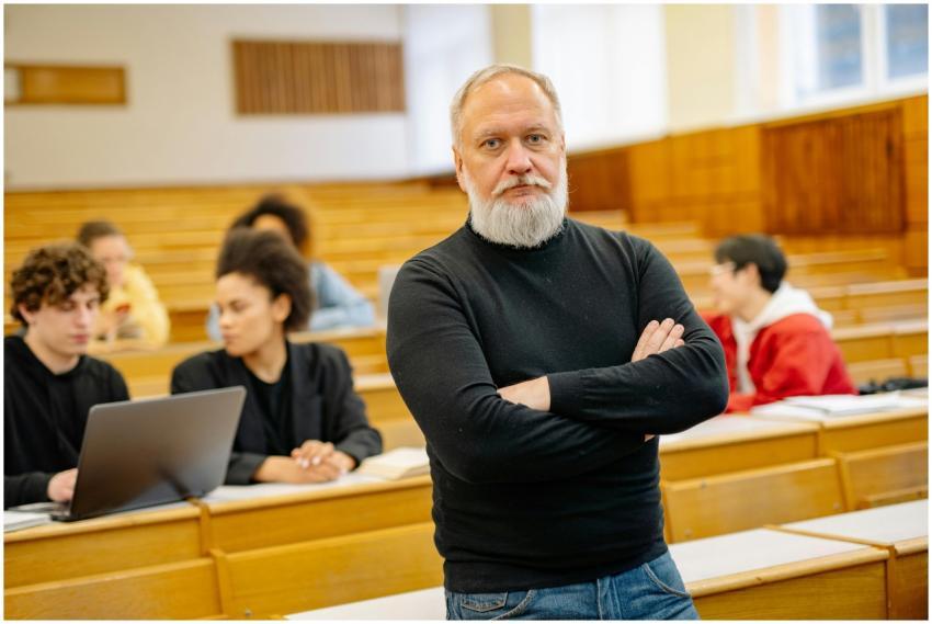 Confident professor in lecture hall with diverse s