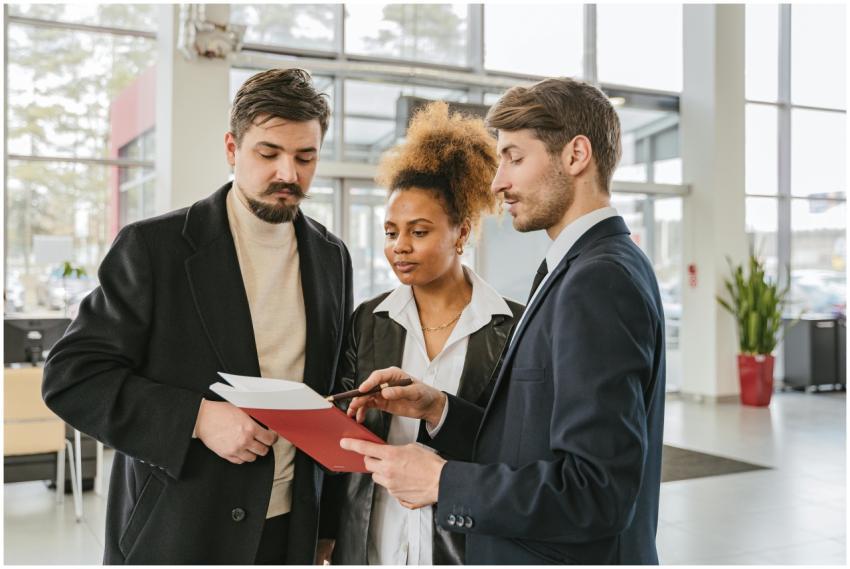 Three professionals discuss documents in a modern