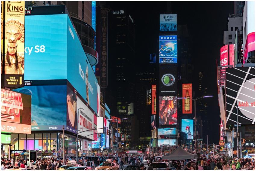 Bustling Times Square at night, showcasing bright