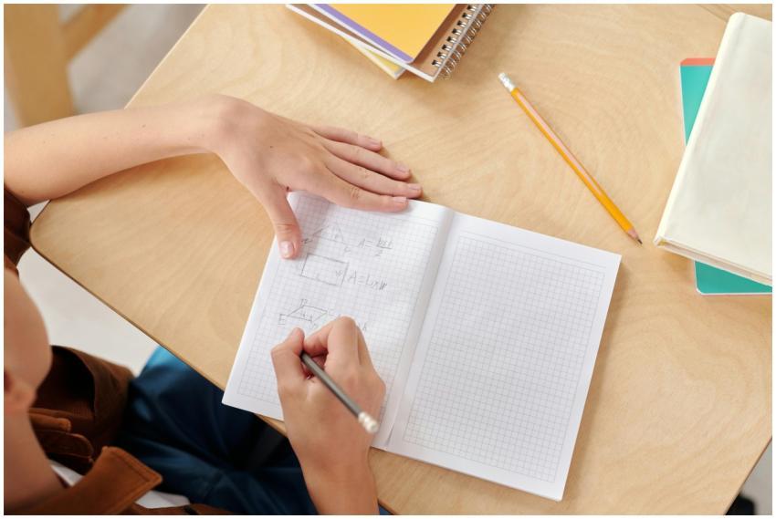 Young student writing math equations in a notebook
