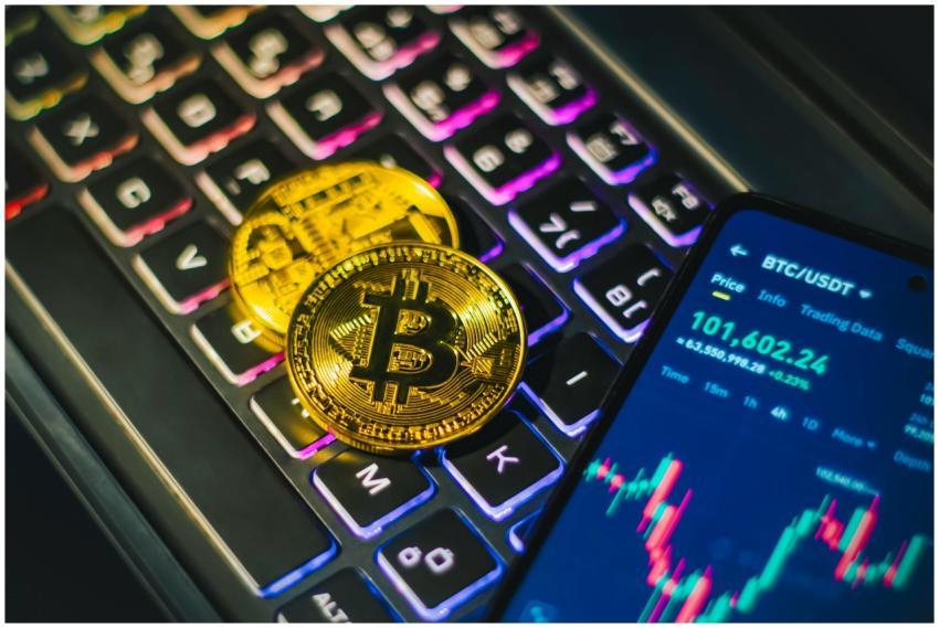 Close-up of gold Bitcoin coins on a backlit keyboa