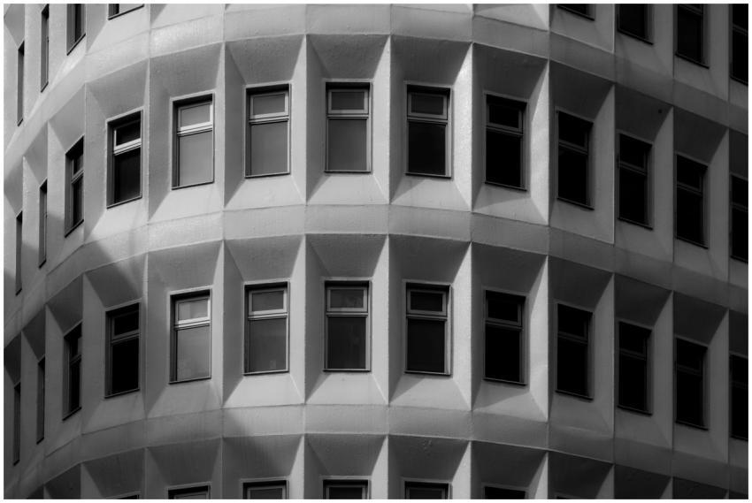 Close-up of a modern building's facade, featuring